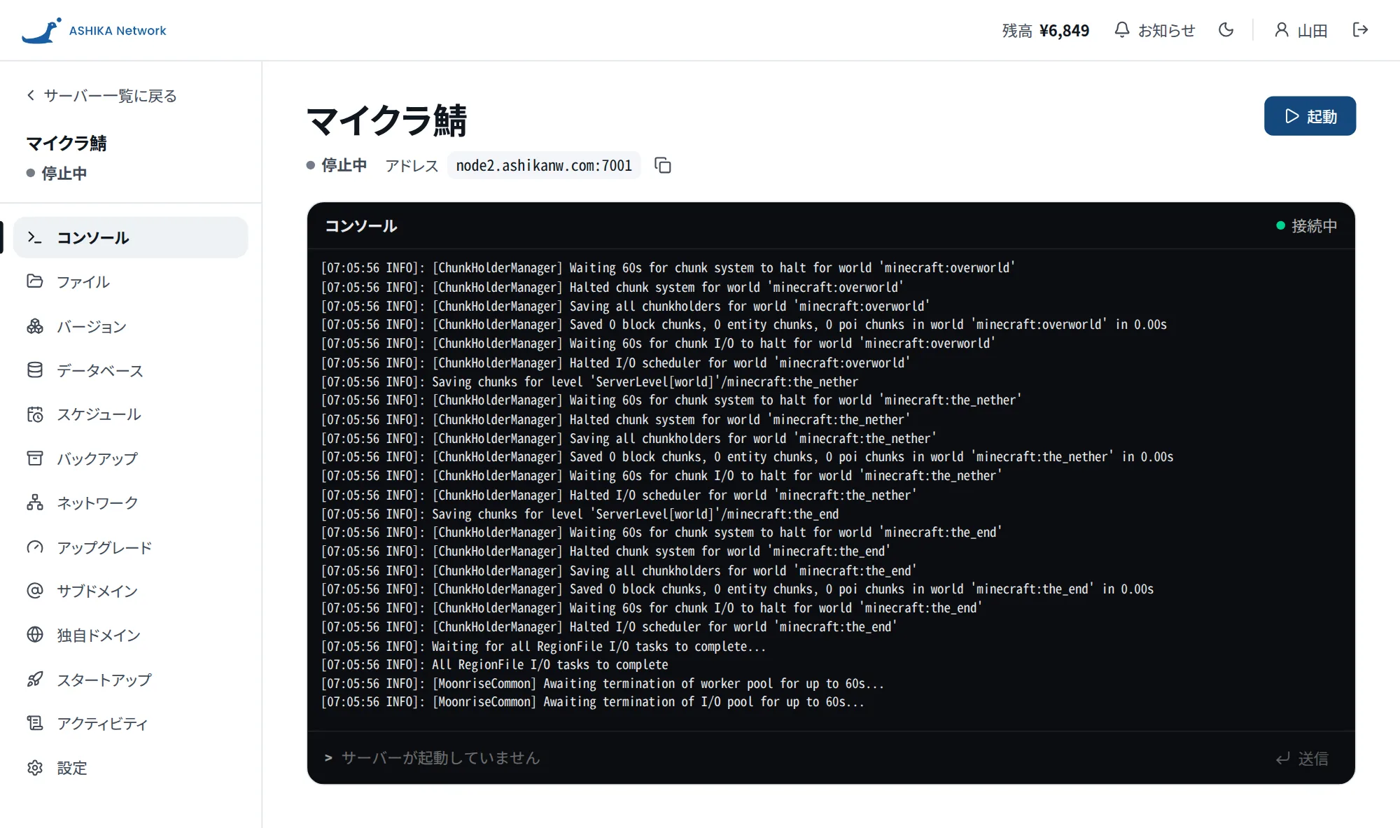 お客様パネルの、サーバーのコンソール画面